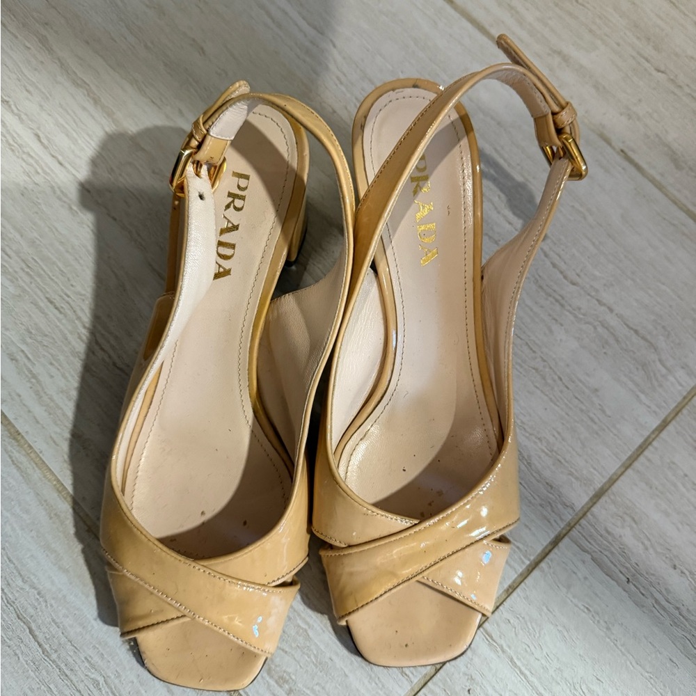 Beige Prada Patent Slingback Sandals - Size 36.5